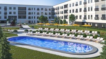 a rendering of an apartment building with a swimming pool