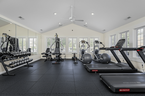 A spacious gym with a variety of equipment including treadmills, elliptical machines, and dumbbells.