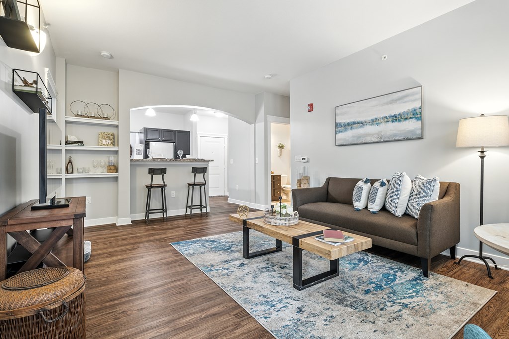 A living room with a brown couch and a blue rug.