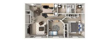 A top-down view of a modern apartment layout.