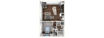 A 3D rendered image of a small apartment with two bedrooms and a living area.