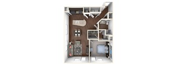 A 3D floor plan of a small apartment with a kitchen, living room, and two bedrooms.
