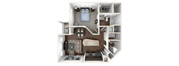 A 3D floor plan of a small apartment with a bedroom, living room, and kitchen.