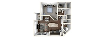 A 3D floor plan of a small apartment with a living room, kitchen, and bedroom.