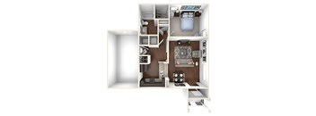 A 3D rendered image of a small apartment layout.