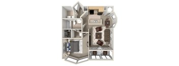 A 3D rendered image of a modern, minimalist apartment layout.