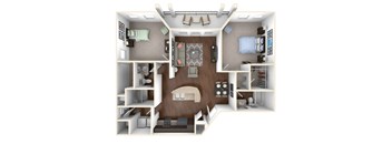 A 3D floor plan of a small apartment with a living room, kitchen, and bedroom.