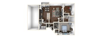 A 3D floor plan of a small apartment with a kitchen, living room, and bedroom.
