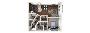 A 3D floor plan of a small apartment with a bedroom, living room, and kitchen.
