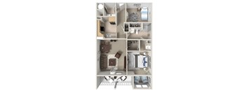 A 3D floor plan of a small apartment with a kitchen, living room, and bathroom.