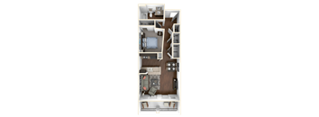 A floor plan of a two-bedroom apartment with a living room, kitchen, and bathroom.