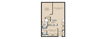 A floor plan of a home with a master bedroom, a second bedroom, a kitchen, and a living/dining room.