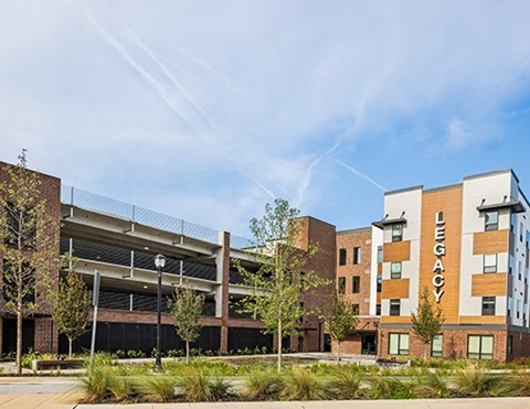 A modern building with the word "LEGACY" on the side.