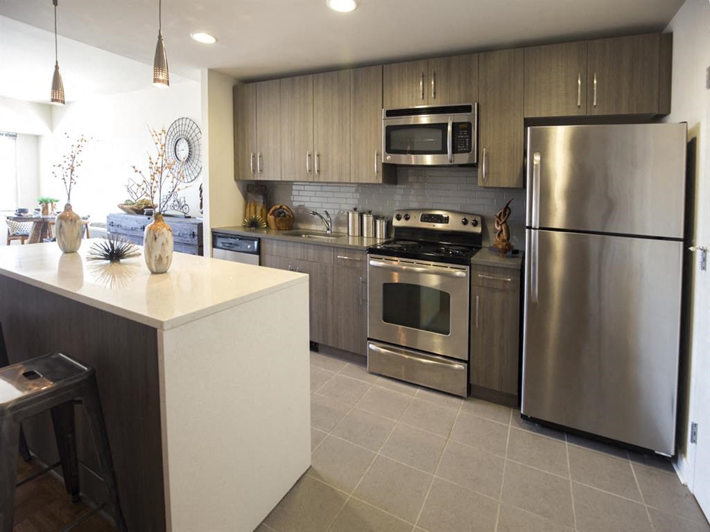 Stainless steel appliances in kitchen
