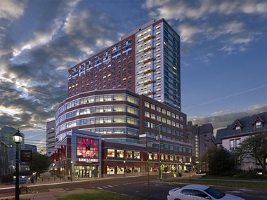 The Vue exterior at dusk