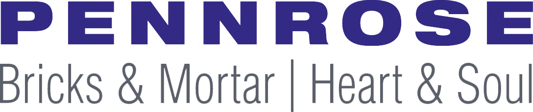 The image displays the word "PENNROSE" in large blue letters, followed by the words "Bricks & Mortar" and "Heart & Soul" in smaller grey letters.