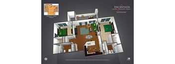 A floor plan of a two bedroom, two bathroom apartment.