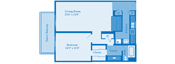 Cottonwood Creek 1 Bedroom Floor Plan image depicting layout. Patio/balcony, bedroom and living room on the left. Bathroom and kitchen on the right.