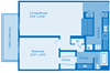 Cottonwood Creek 1 Bedroom Floor Plan image depicting layout. Patio/balcony, bedroom and living room on the left. Bathroom and kitchen on the right.