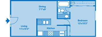 A floorplan showing one bedroom and one bath.