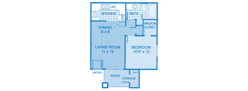 Cantera 1A Floor Plan image showing layout of apartment. Bedroom and bath to the right, living room and kitchen to the left.
