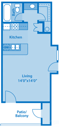 Canyon Creek 1A Studio Floor Plan image depicting layout. Storage and storage in the bottom, living area in the middle, kitchen & bathroom on top.