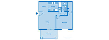 Catalina Canyon 1A Floor Plan Image depicting layout. Balcony, living room and kitchen on the left. Bedroom and bathroom on the right.