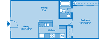 A floorplan showing one bedroom and one bath.