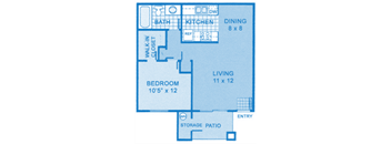 Cantera 1B Floor Plan image depicting layout of home. Kitchen, dining and living room on the right, bedroom and bathroom on the left.