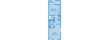 Canyon Creek 1BFloor Plan image depicting layout with living room at the bottom, kitchen, dining area and bathroom in the middle, with bedroom at the top.