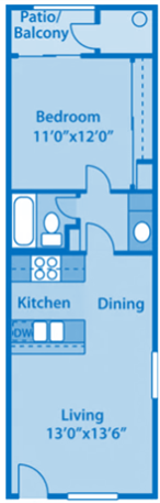 Canyon Creek 1BFloor Plan image depicting layout with living room at the bottom, kitchen, dining area and bathroom in the middle, with bedroom at the top.