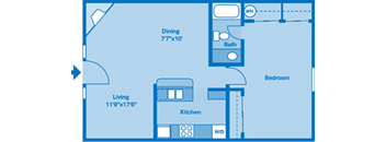 A floorplan showing one bedroom and one bath.