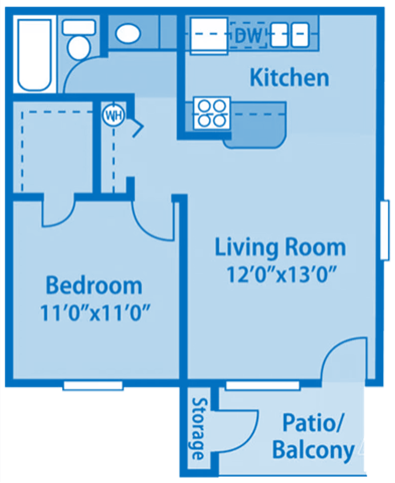 Canyon Creek 1C Floor Plan image depicting layout. Bedroom, closet and bathroom on the left. Patio, living room and kitchen on the right.