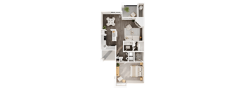 A floor plan of a small apartment with a kitchen, living room, and bathroom.