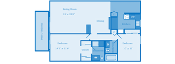 Cottonwood Creek 2 Bedroom Floor Plan image depicting layout. Patio/balcony bedroom and living room on the left.Bathrooms, 2nd bedroom and kitchen on the right.