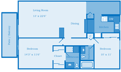 Cottonwood Creek 2 Bedroom Floor Plan image depicting layout. Patio/balcony bedroom and living room on the left.Bathrooms, 2nd bedroom and kitchen on the right.