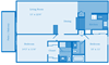 Cottonwood Creek 2 Bedroom Floor Plan image depicting layout. Patio/balcony bedroom and living room on the left.Bathrooms, 2nd bedroom and kitchen on the right.