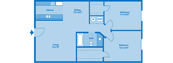 A floorplan showing two bedrooms and one bath.