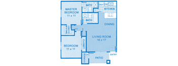 Cantera 2A Floor Plan image depicting layout. Master, bedroom, bathrooms on the left, living room and kitchen on the right.