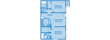 Canyon Creek 2A Floor Plan image depicting layout. Bathroom, kitchen and 2nd bath on the left. Both bedrooms and living room on the right.
