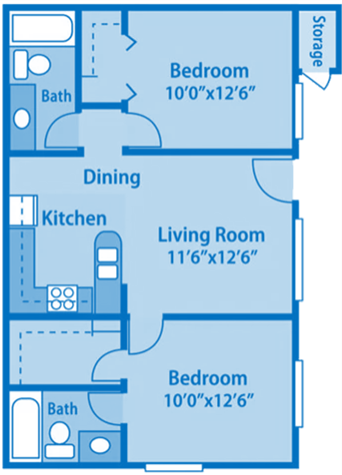 Canyon Creek 2A Floor Plan image depicting layout. Bathroom, kitchen and 2nd bath on the left. Both bedrooms and living room on the right.