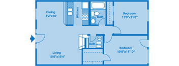 A floorplan showing two bedrooms and two bathrooms.