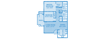 Cantera 2b Floor Plan image depicting layout. Master, bedroom, patio and living room on the left and bathrooms, dining area and kitchen on the right.