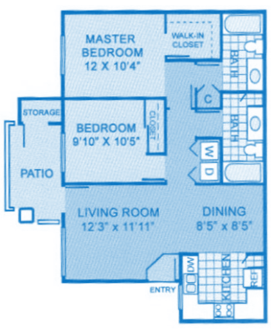 Cantera 2b Floor Plan image depicting layout. Master, bedroom, patio and living room on the left and bathrooms, dining area and kitchen on the right.