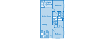 Canyon Creek 2B Floor Plan image depicting layout. Kitchen, dining, living room and patio/balcony on the left. Bedrooms, and bathrooms on the right.