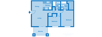 Catalina Canyon 2B Floor Plan Image depicting layout. Balcony, living room and kitchen on the left. Bedrooms and bathrooms on the right.