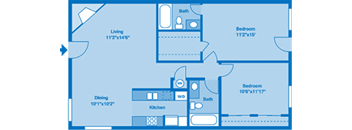 A floorplan showing two bedrooms and two bathrooms.