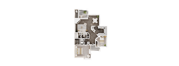 A top-down view of a house layout with a kitchen, living room, and two bedrooms.