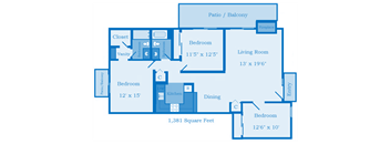 Cottonwood Creek 3 Bedroom Floor Plan image depicting layout. Patio/Balcony, bedroom and bathrooms on the left. Kitchen 2nd bedroom in the middle. Living room, large patio, and 3rd bedroom on the right.