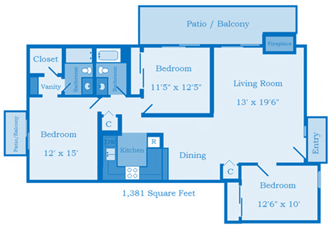 Cottonwood Creek 3 Bedroom Floor Plan image depicting layout. Patio/Balcony, bedroom and bathrooms on the left. Kitchen 2nd bedroom in the middle. Living room, large patio, and 3rd bedroom on the right.